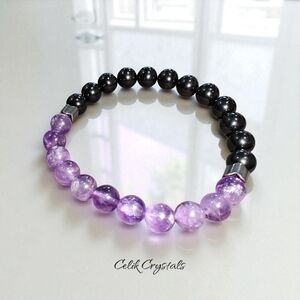 Amethyst and Black Tourmaline Bracelet Natural Unisex 8mm